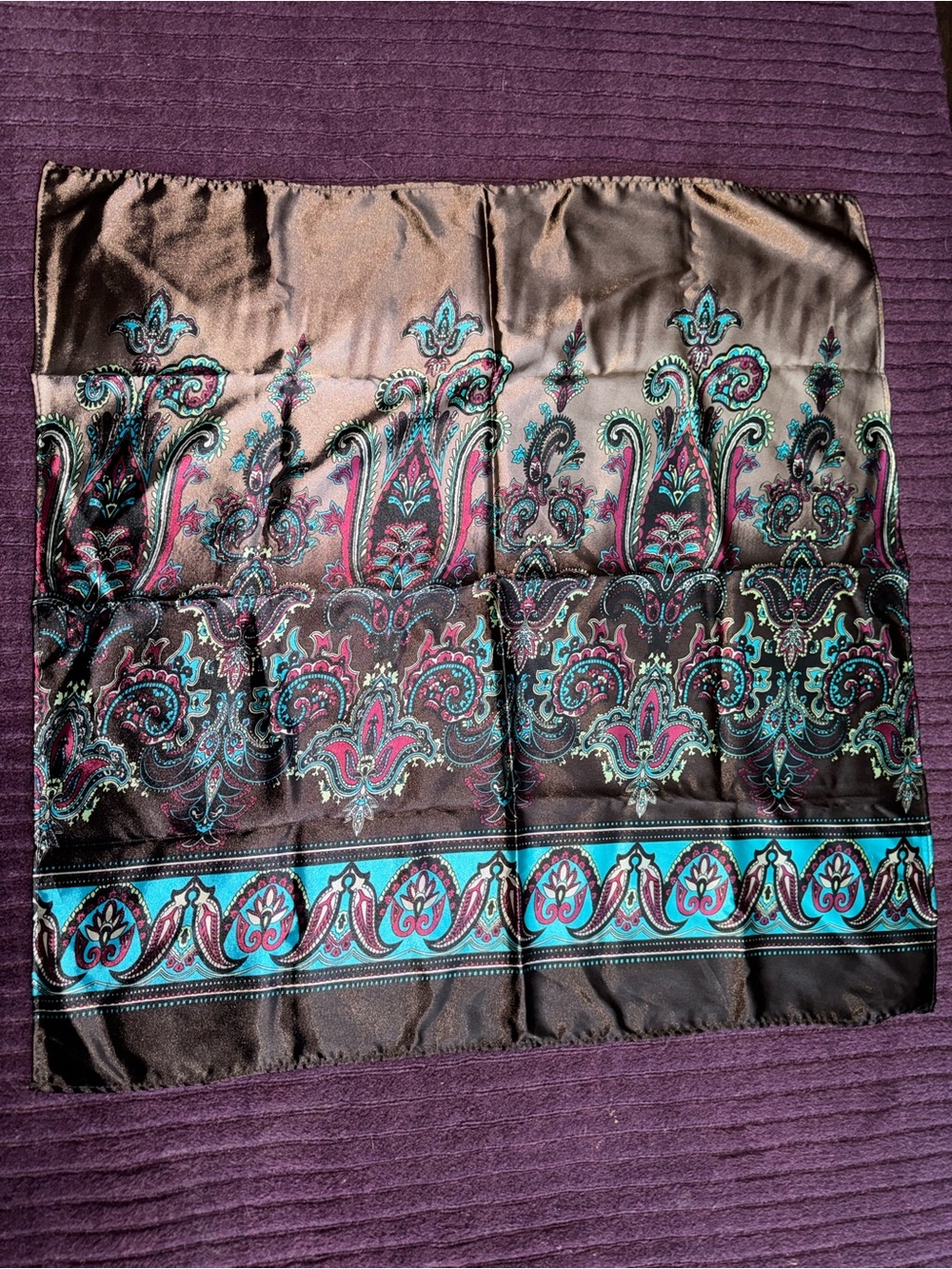 Silk-Feel Paisley Print Square Scarf in Brown with Teal & Pink Accents